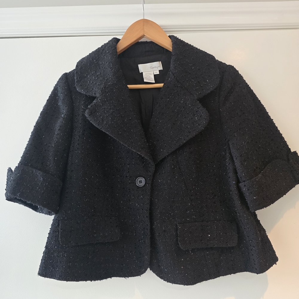 Vintage Spiegel Black Tweed Short Sleeve Cropped Jacket Blazer Wool Blend